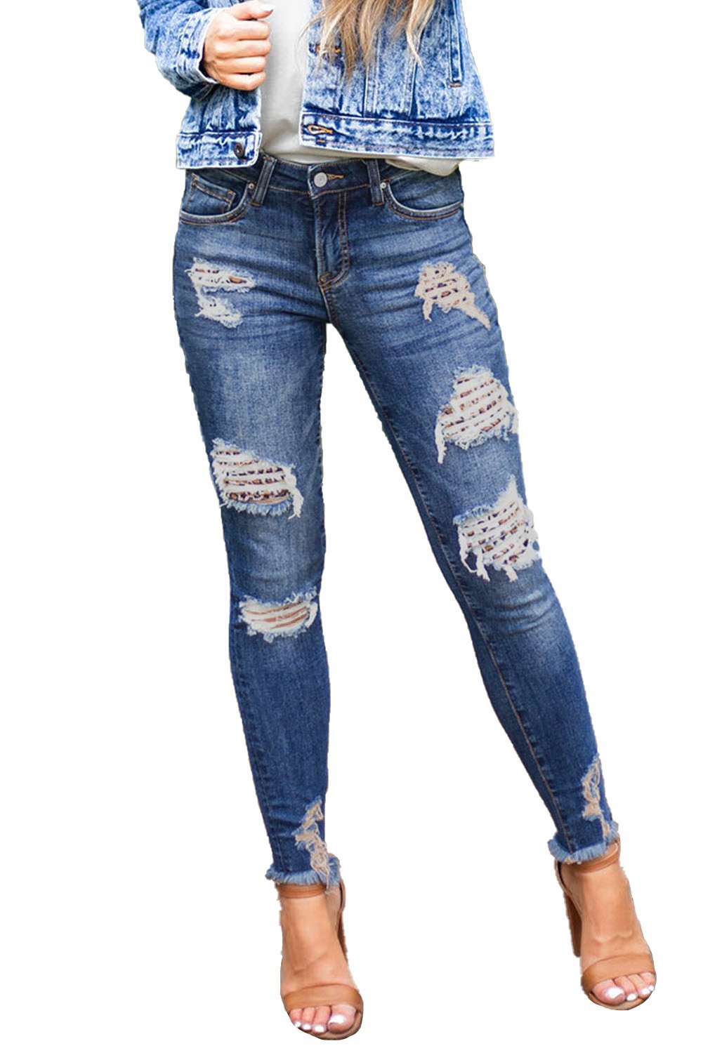 Women's Dark Blue Leopard Print Distressed Washed Skinny Jeans