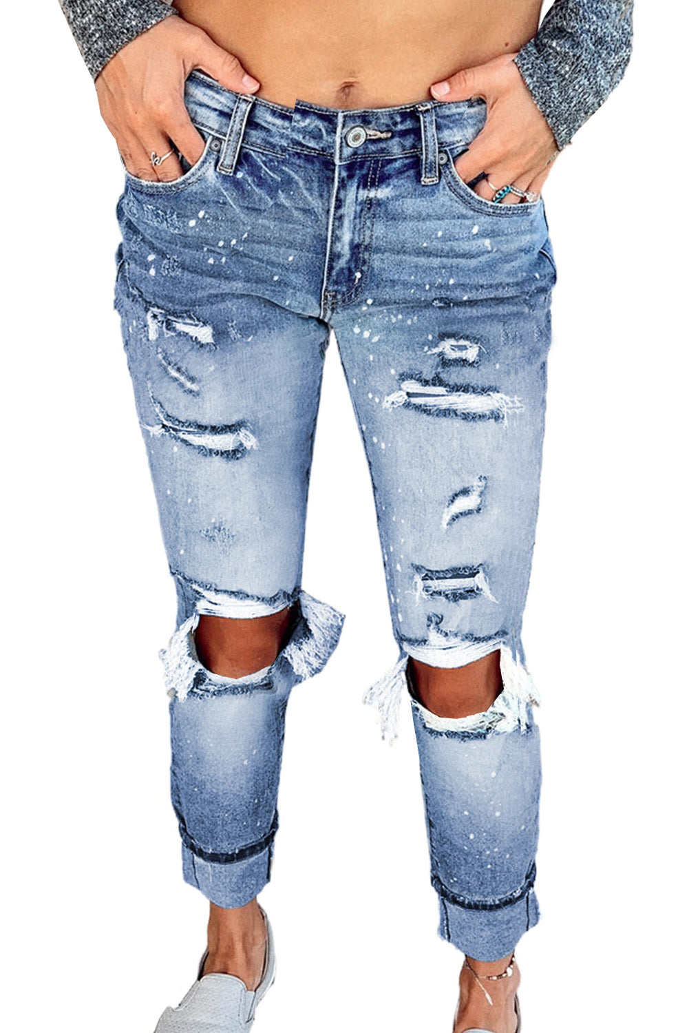 Light Blue Ripped Straight Leg Jeans