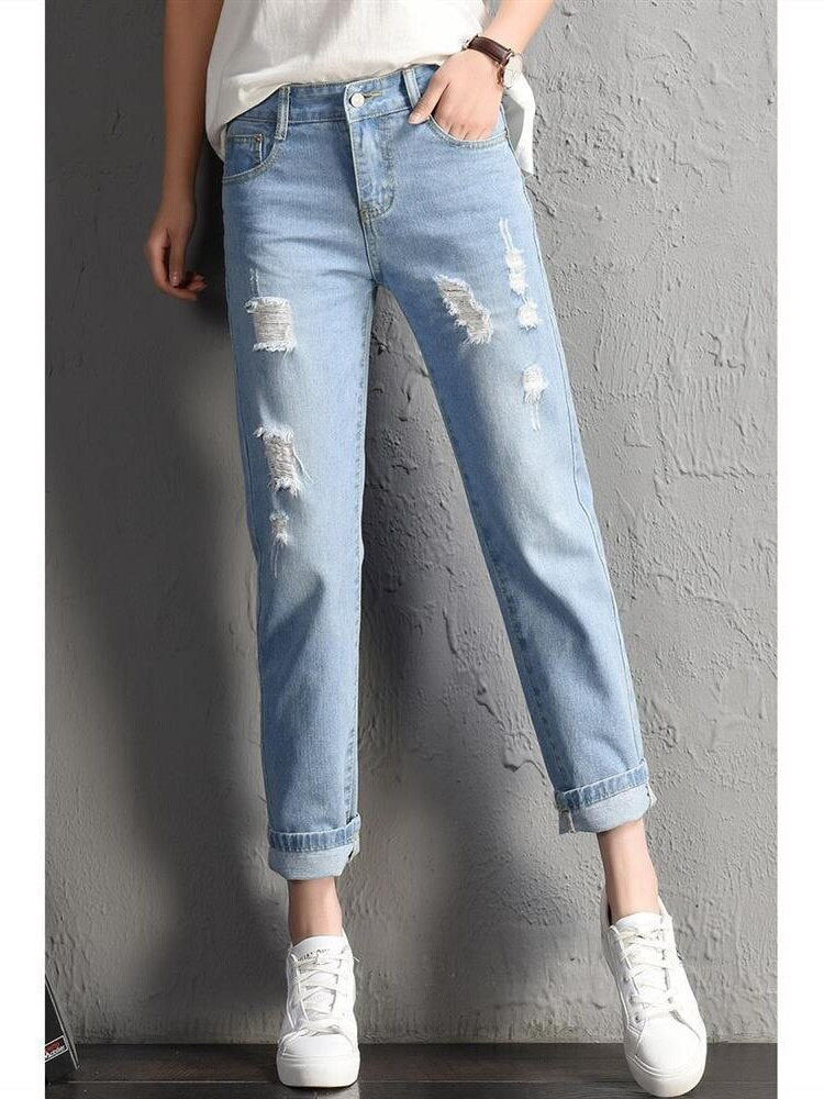 2022 New Women Fashion Mid Waist Boyfriend Big Ripped Hole Jeans