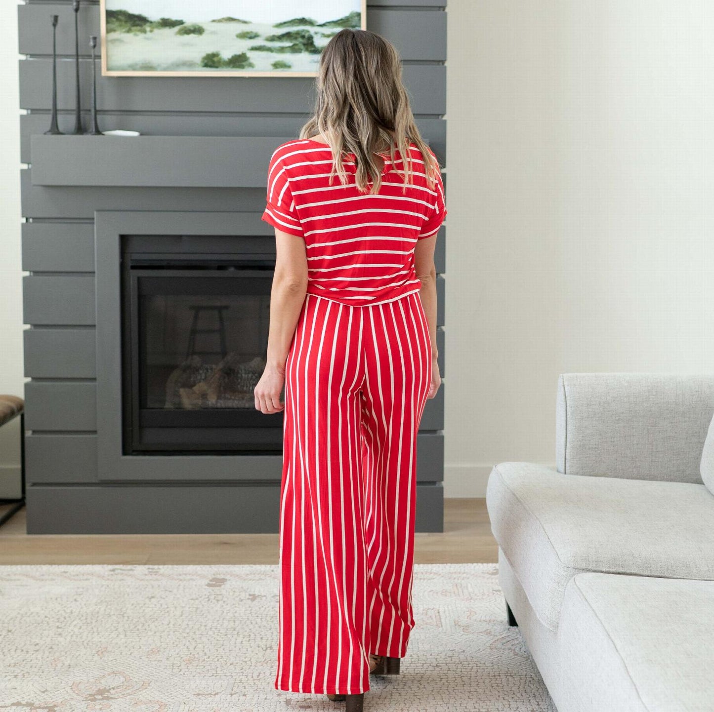 Stripe Jumpsuit Elastic Waist Back Keyhole