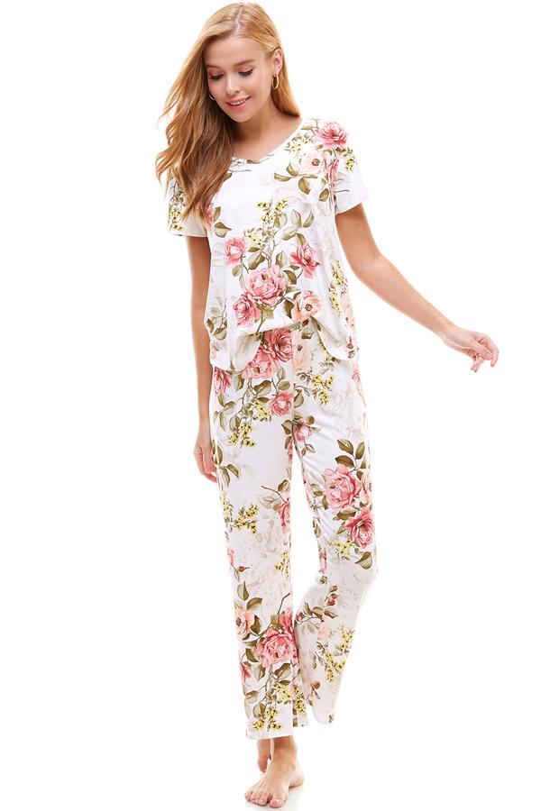 Loungewear set for women's floral short sleeve and pants