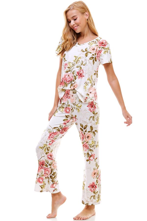 Loungewear set for women's floral short sleeve and pants