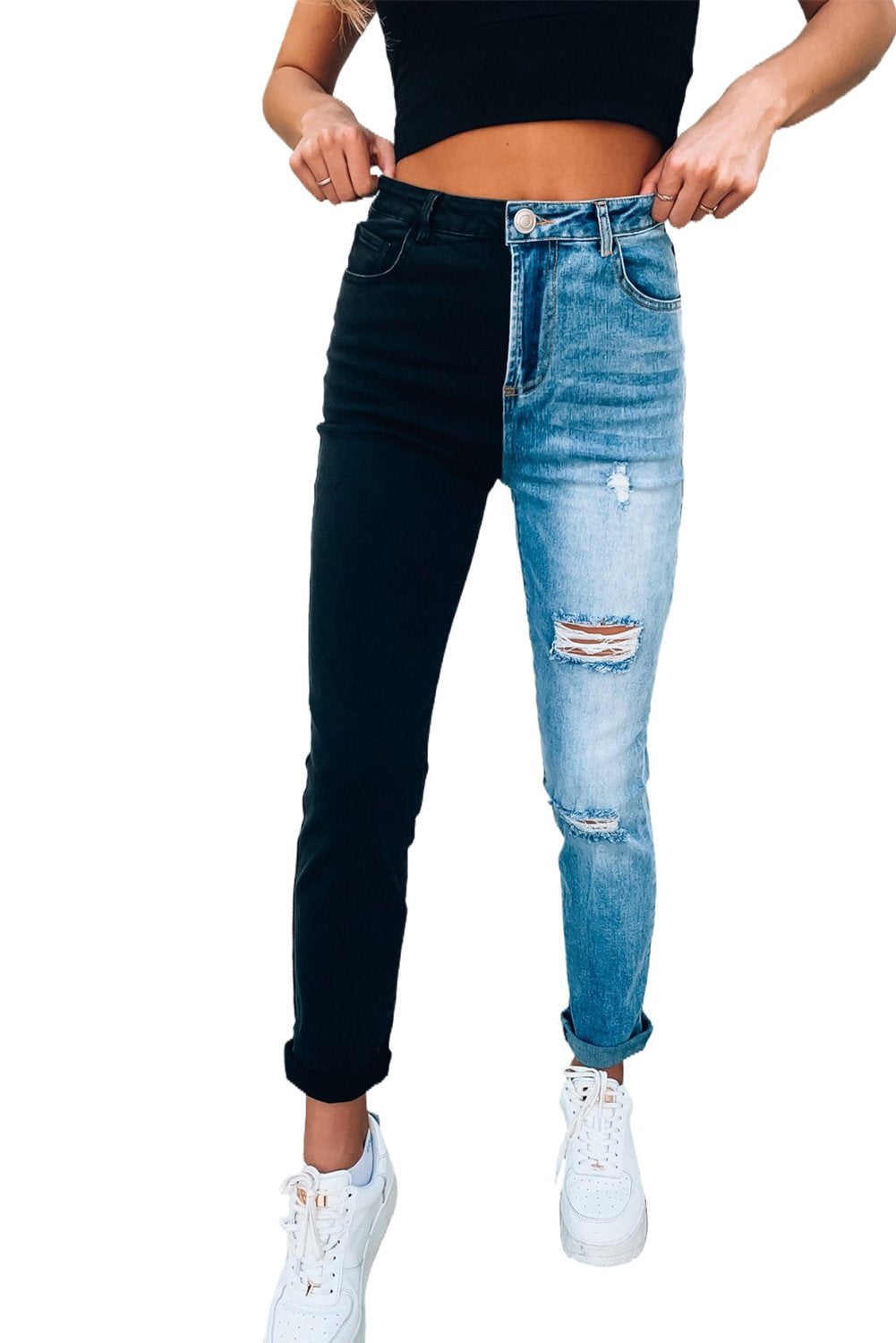 Color Block Distressed Skinny Jeans