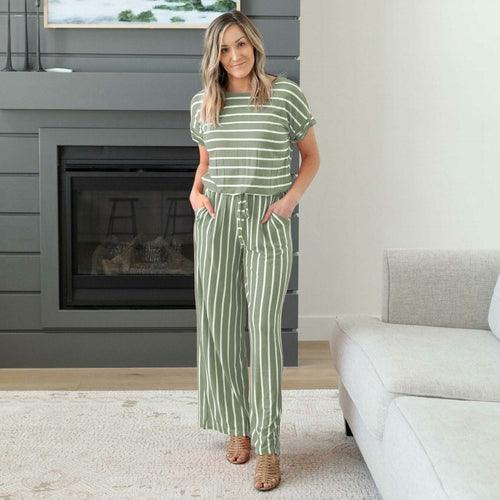 Stripe Jumpsuit Elastic Waist Back Keyhole