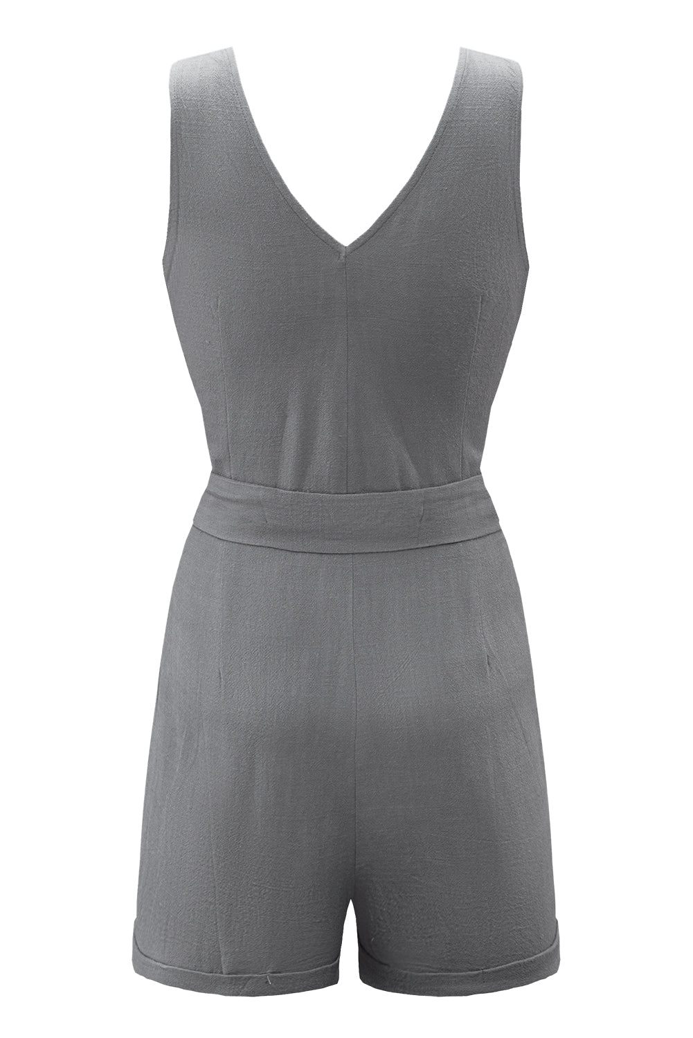 Casual Gray Button V Neck Sleeveless Romper with Belt