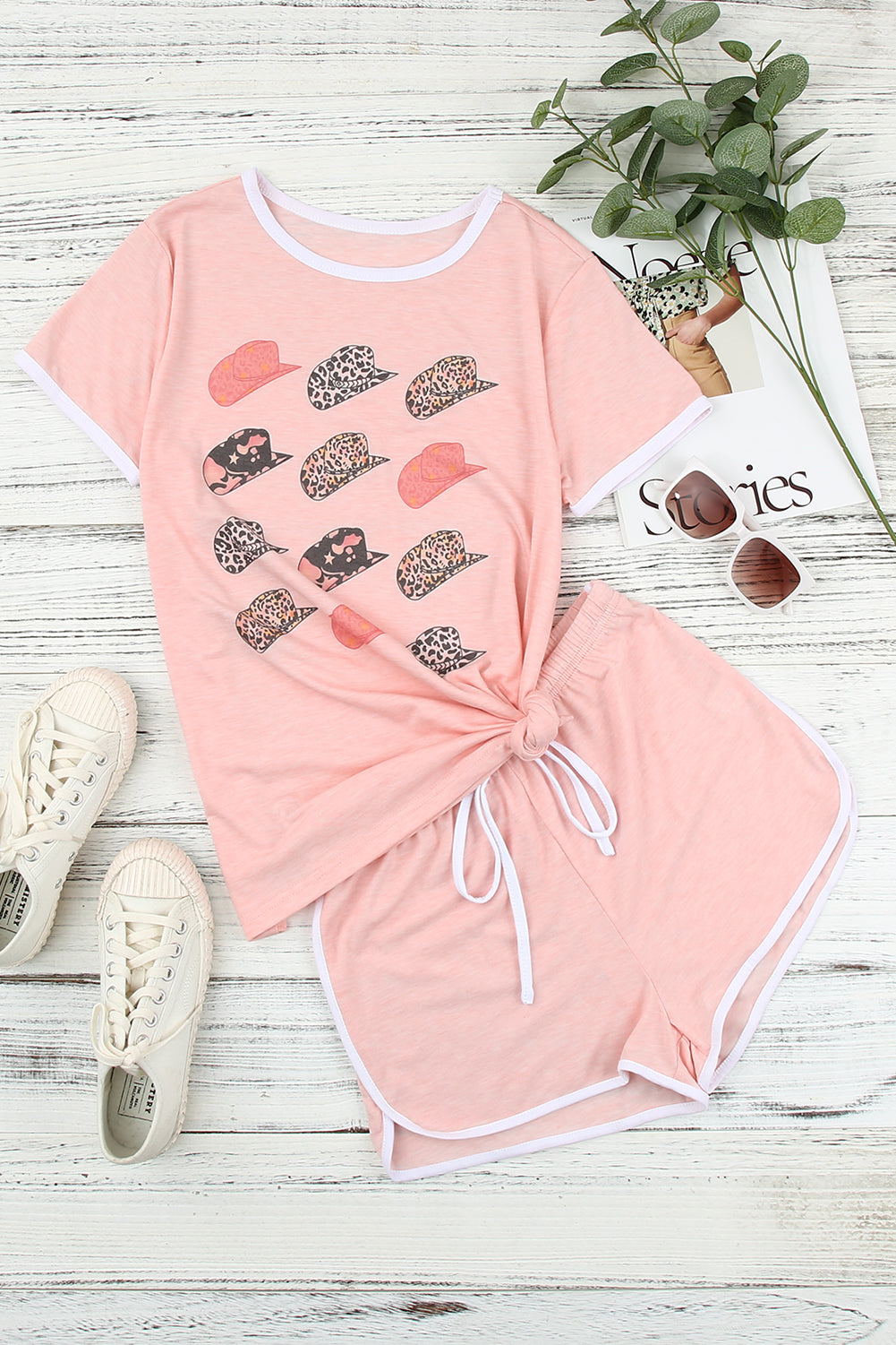 Pink Leopard Hat Print Short Sleeve T Shirt and Drawstring Shorts