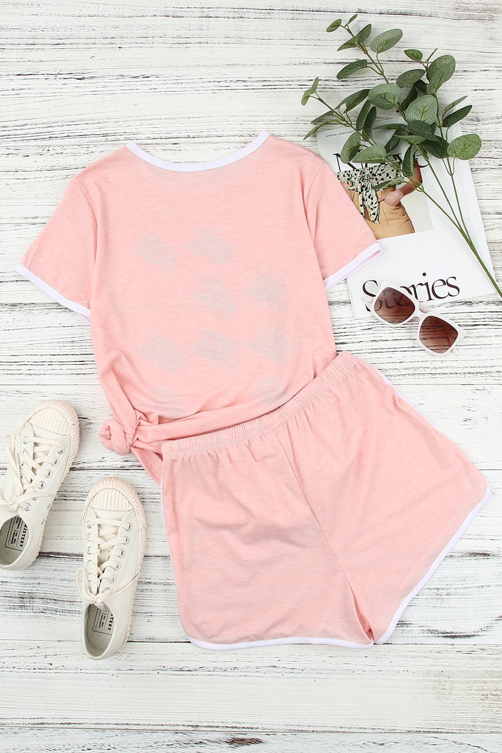 Pink Leopard Hat Print Short Sleeve T Shirt and Drawstring Shorts