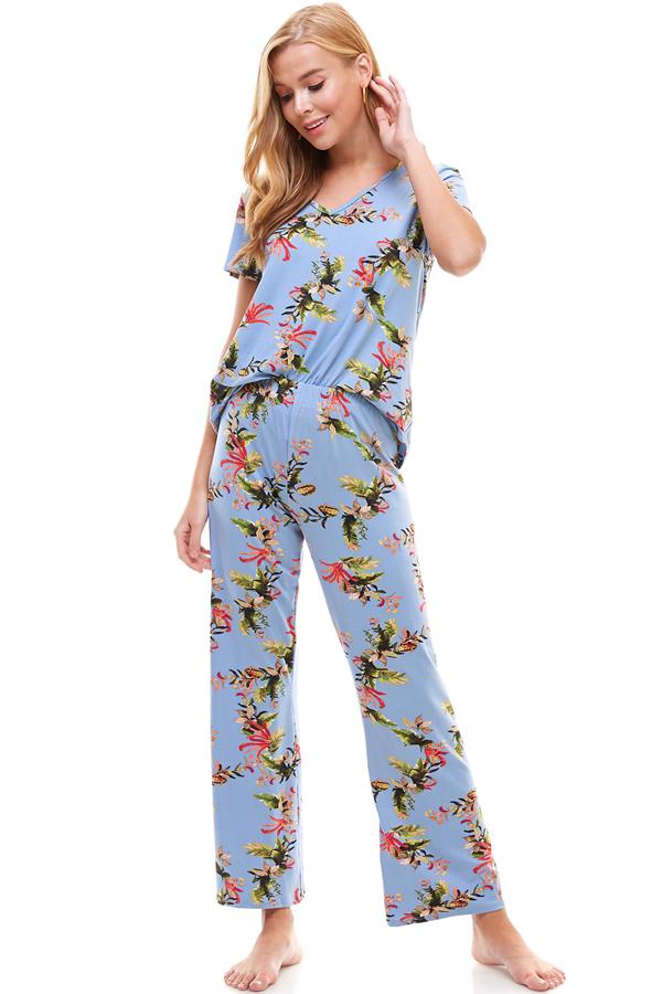 Loungewear set for women's floral short sleeve and pants