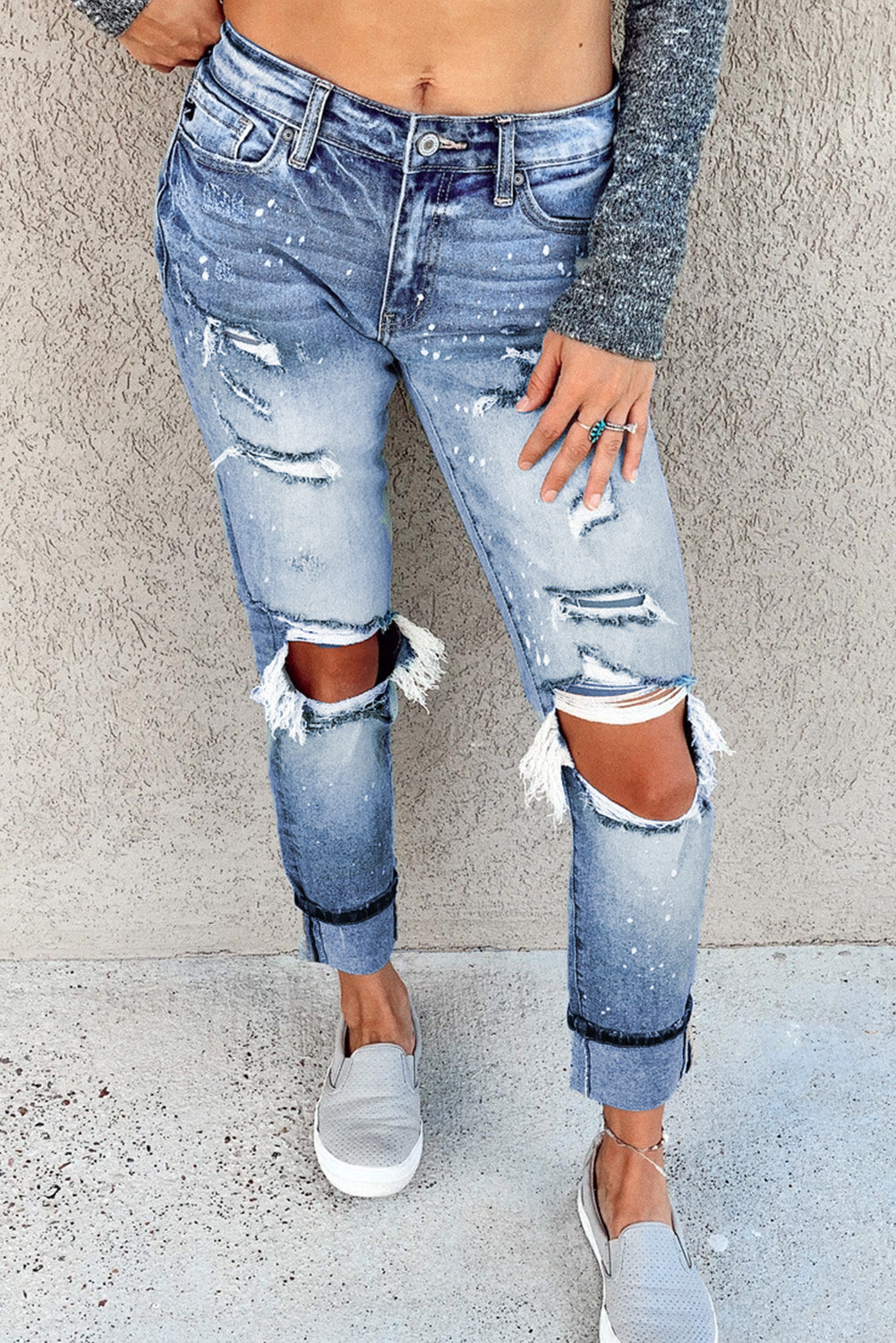 Light Blue Ripped Straight Leg Jeans