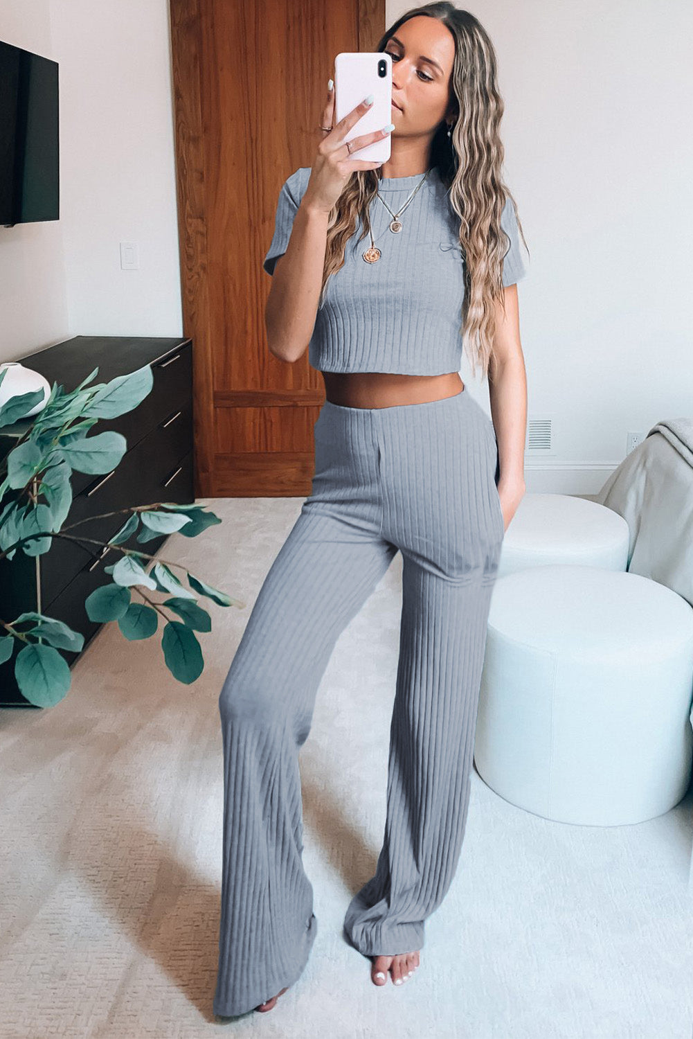 Cropped Tee and Wide Legs Pants Ribbed Knit Lounge Set