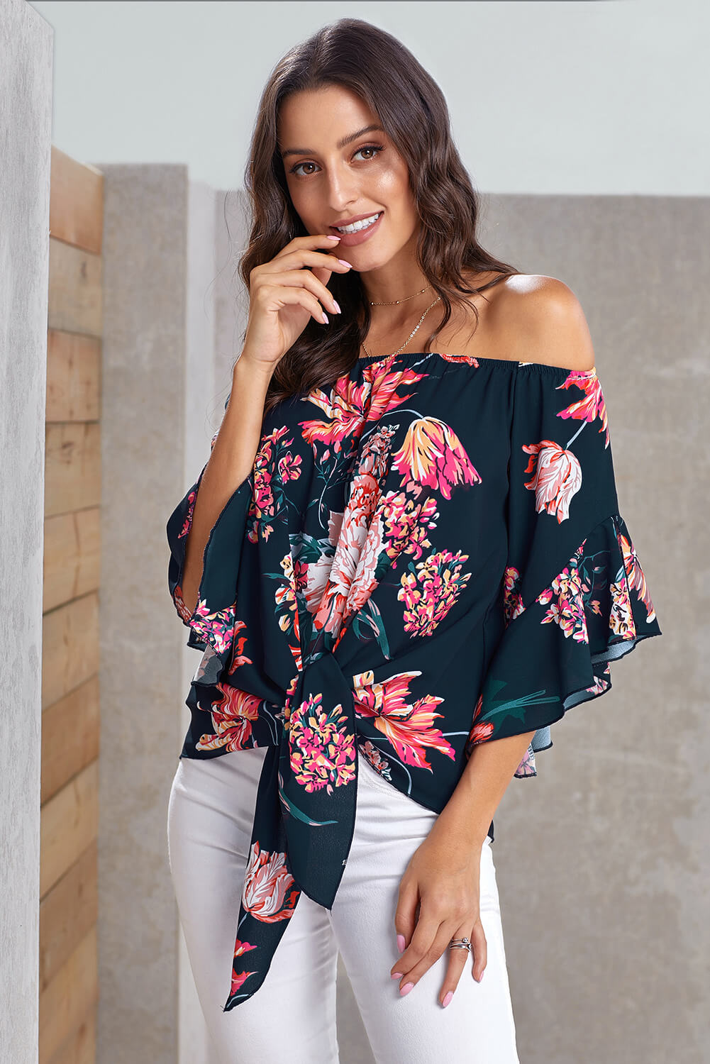 Navy Off Shoulder Floral Tie Front High Low Chiffon Blouse