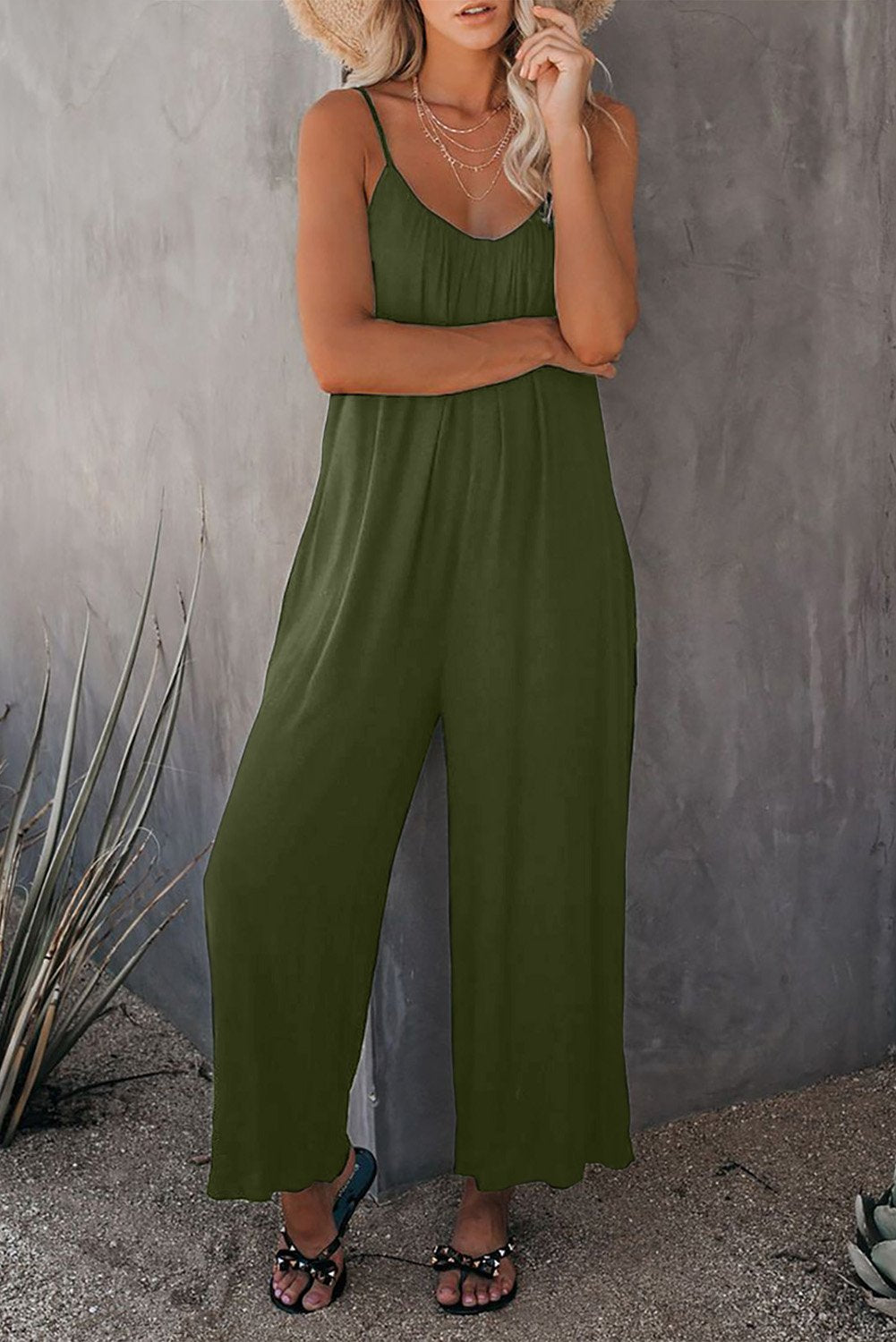 Spaghetti Straps Wide Leg Pocketed Jumpsuits