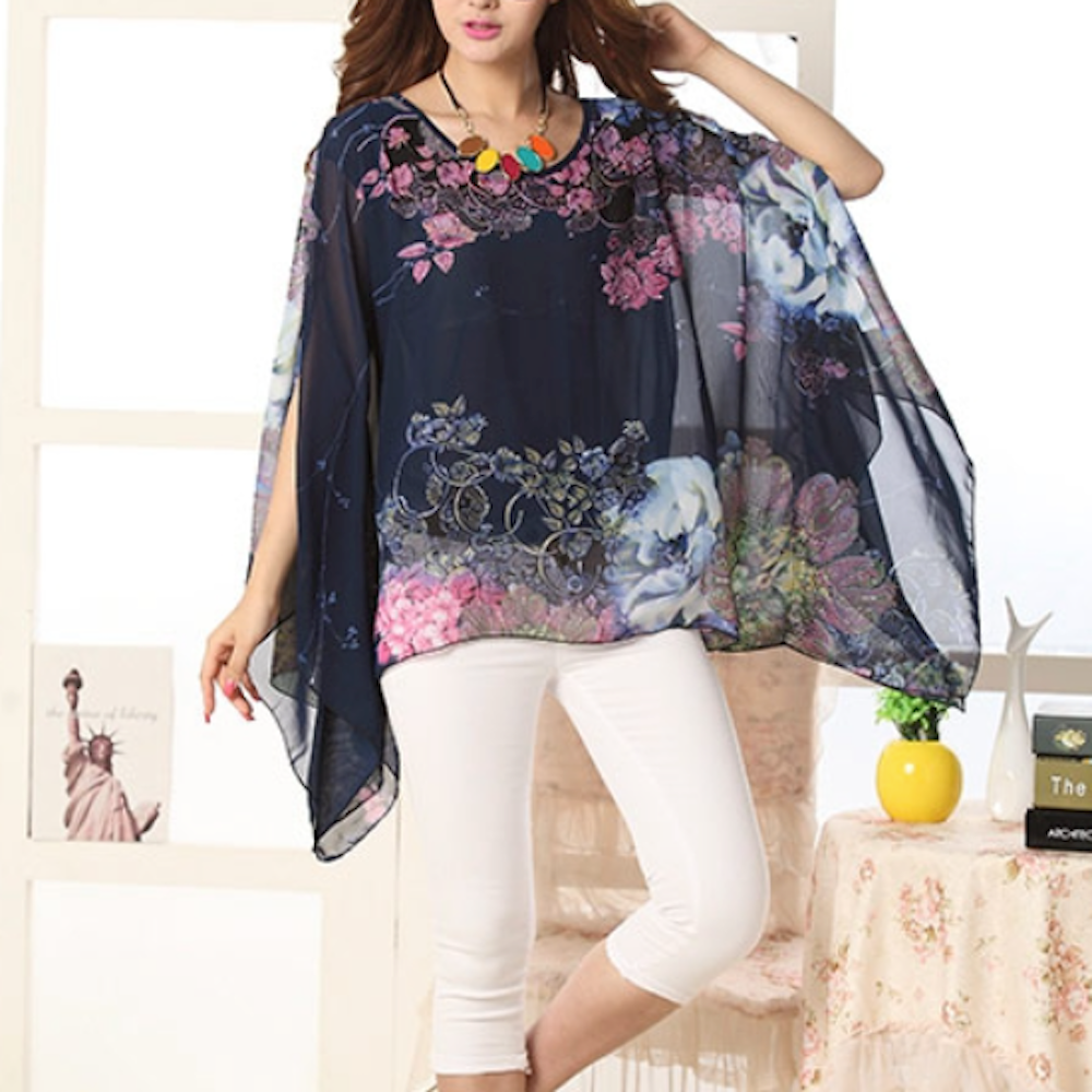 Womens Peony Batwing Chiffon Top