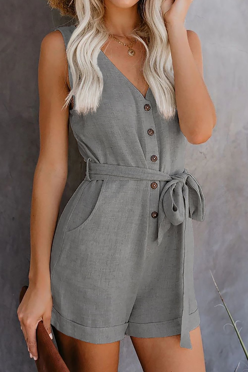 Casual Gray Button V Neck Sleeveless Romper with Belt