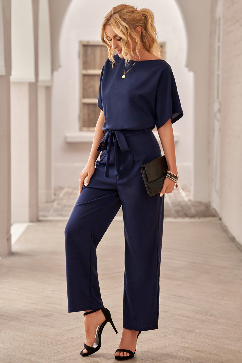 Chic Blue Oh So Glam Belted Wide Leg Jumpsuit