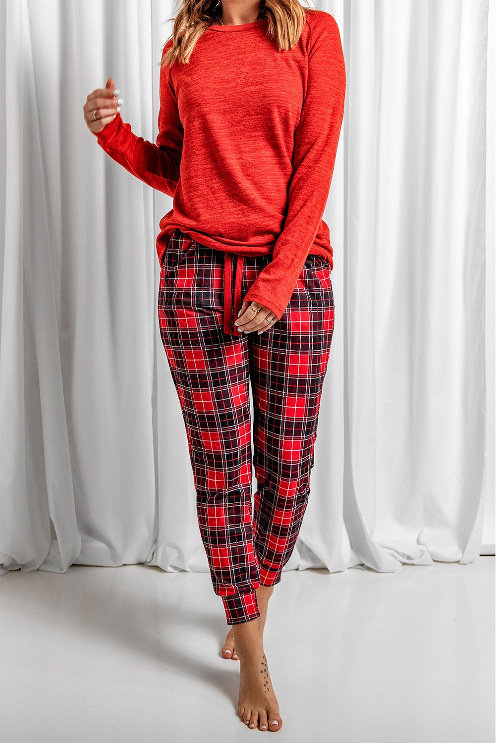 Red Top and Plaid Pants Loungewear