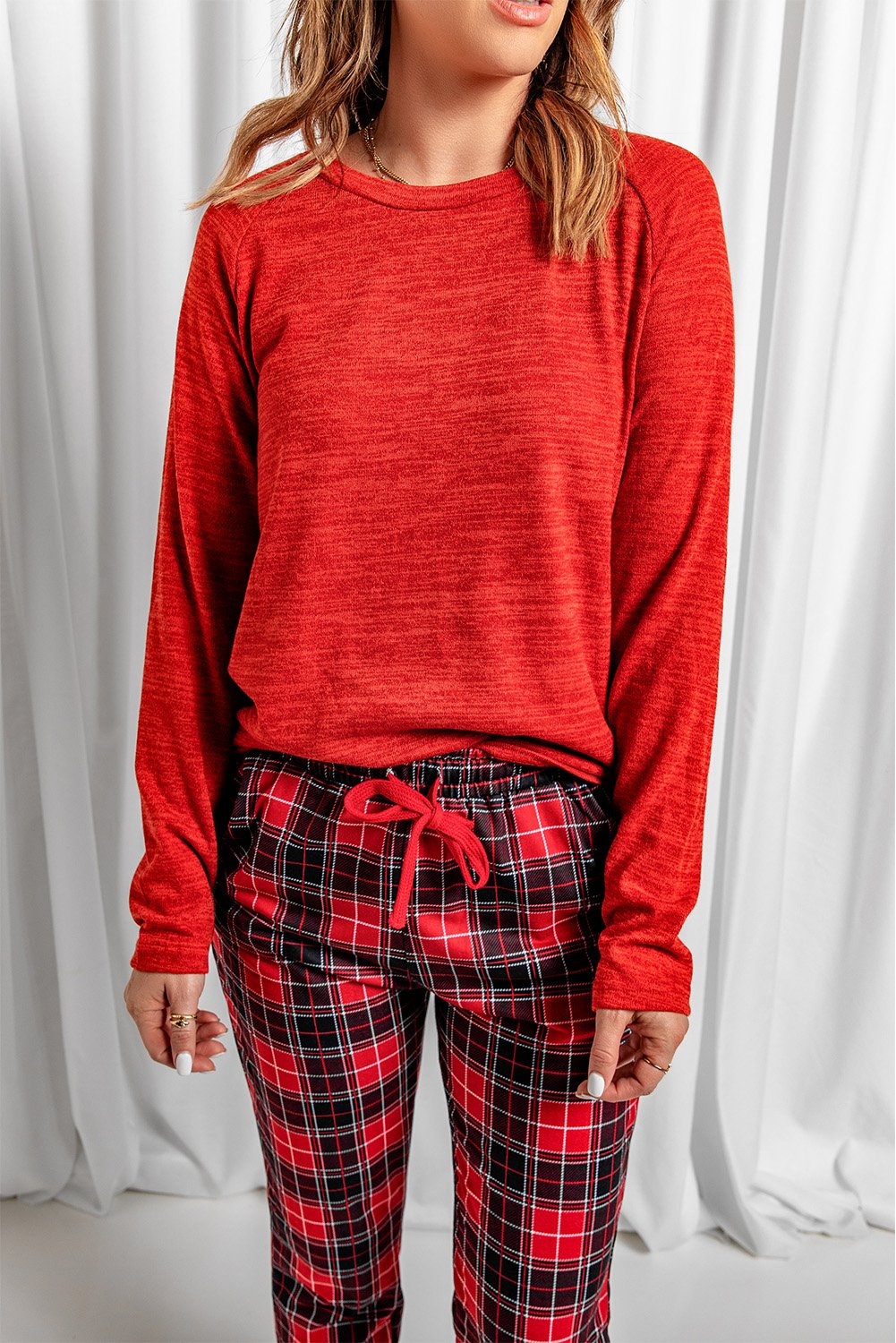 Red Top and Plaid Pants Loungewear