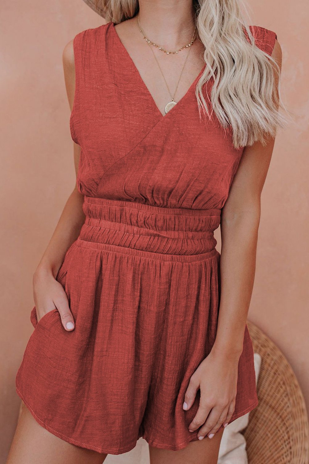 Red Smocked Pocketed Sleeveless V Neck Romper