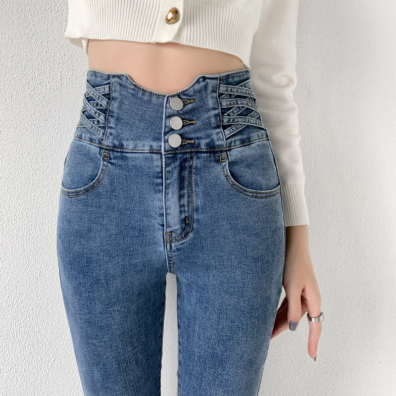 Skinny Pencil Jeans Four Buttons Vintage High Waist Women Slim Stretch