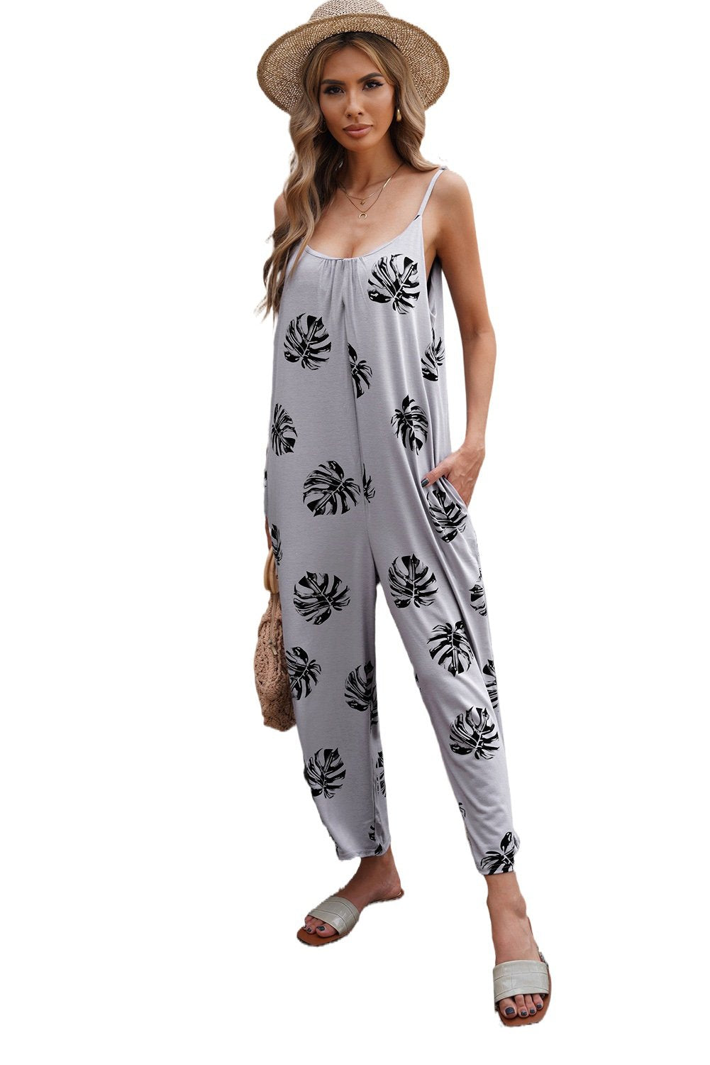 Summer Gray Palm Leaves Print Spaghetti Strap Wide Leg jumpsuit