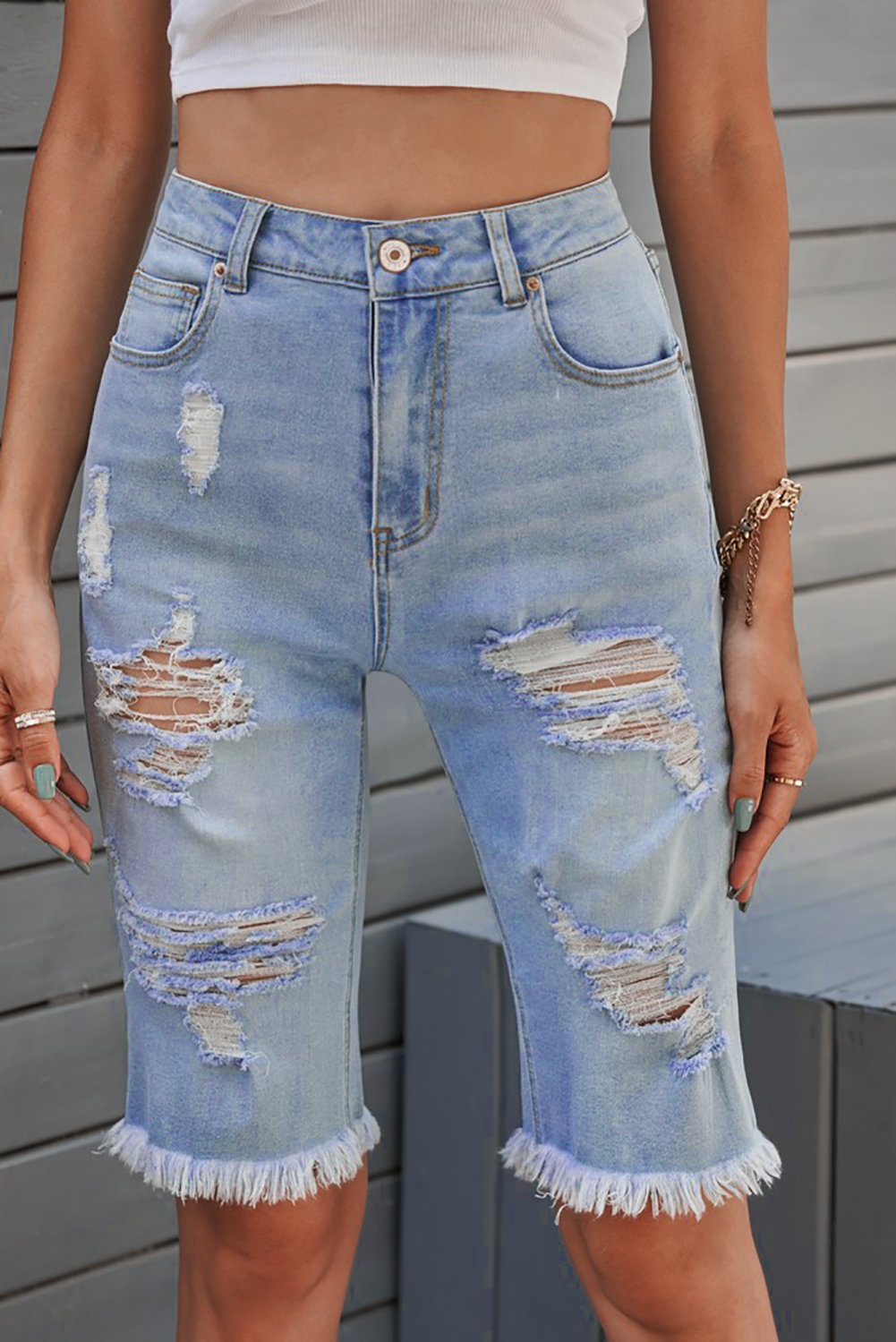 Women's Fashion Light Blue Distressed Jeans Bermuda Shorts