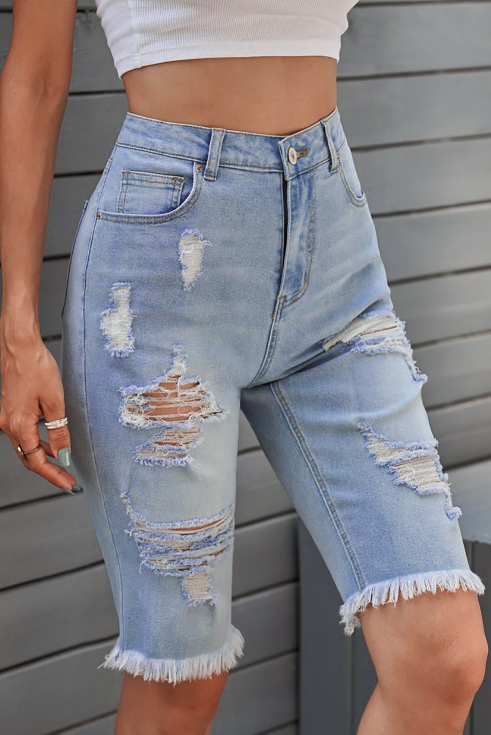 Women's Fashion Light Blue Distressed Jeans Bermuda Shorts