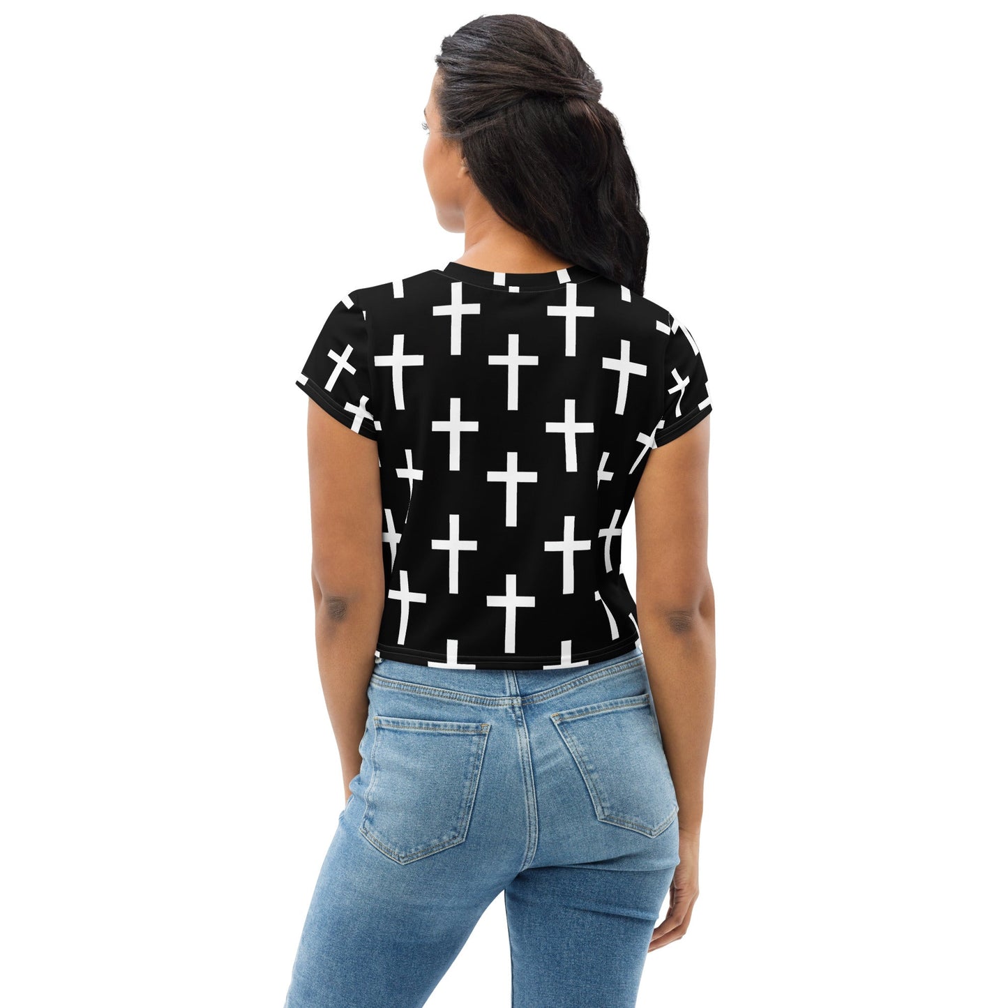 Womens Stretch Fit Crop Tee T-shirt, Black White Cross Print