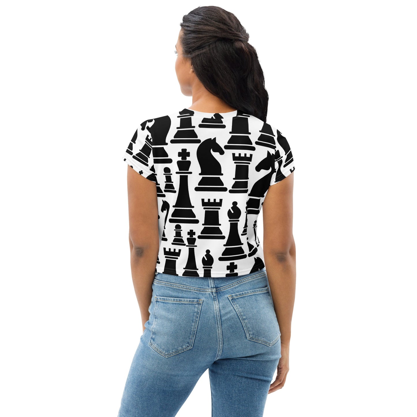 Womens Stretch Fit Crop Tee T-shirt, Black and White Chess Print