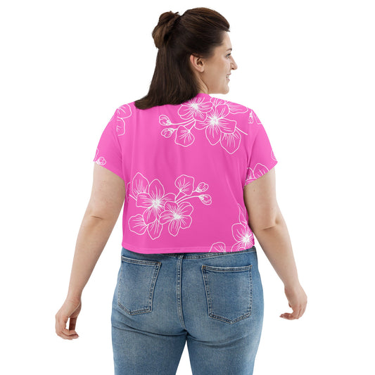 Womens Stretch Fit Crop Tee T-shirt Jersey, Pink Floral 7022623