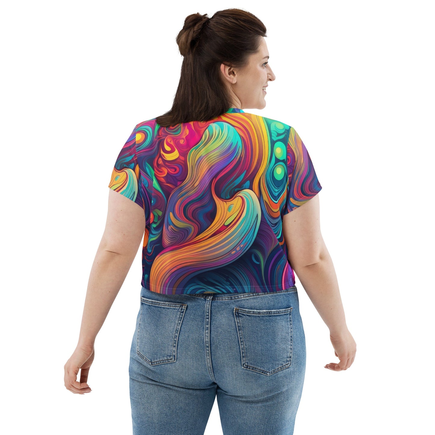 Womens Stretch Fit Crop Tee T-shirt Jersey, Vibrant Psychedelic