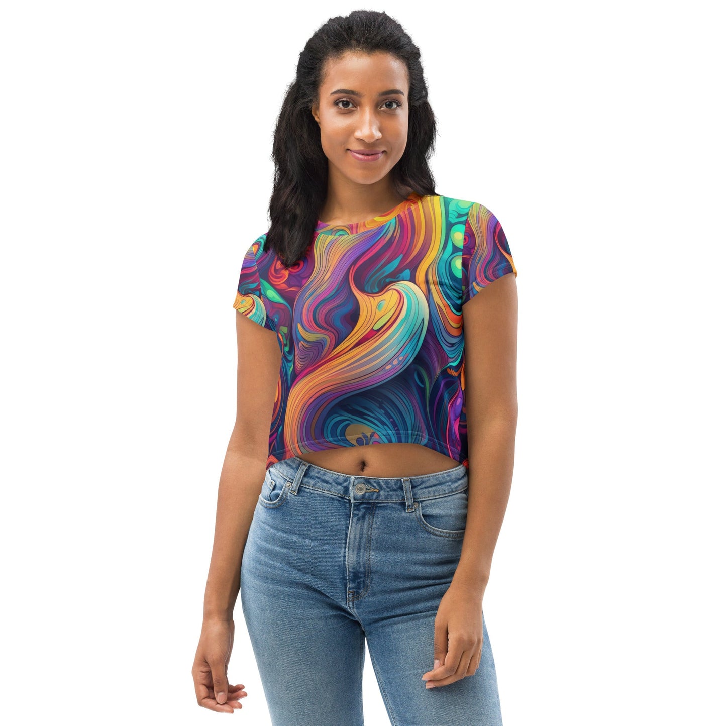 Womens Stretch Fit Crop Tee T-shirt, Vibrant Psychedelic Kaleidoscope