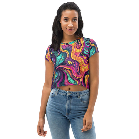 Womens Stretch Fit Crop Tee T-shirt, Vibrant Psychedelic Kaleidoscope