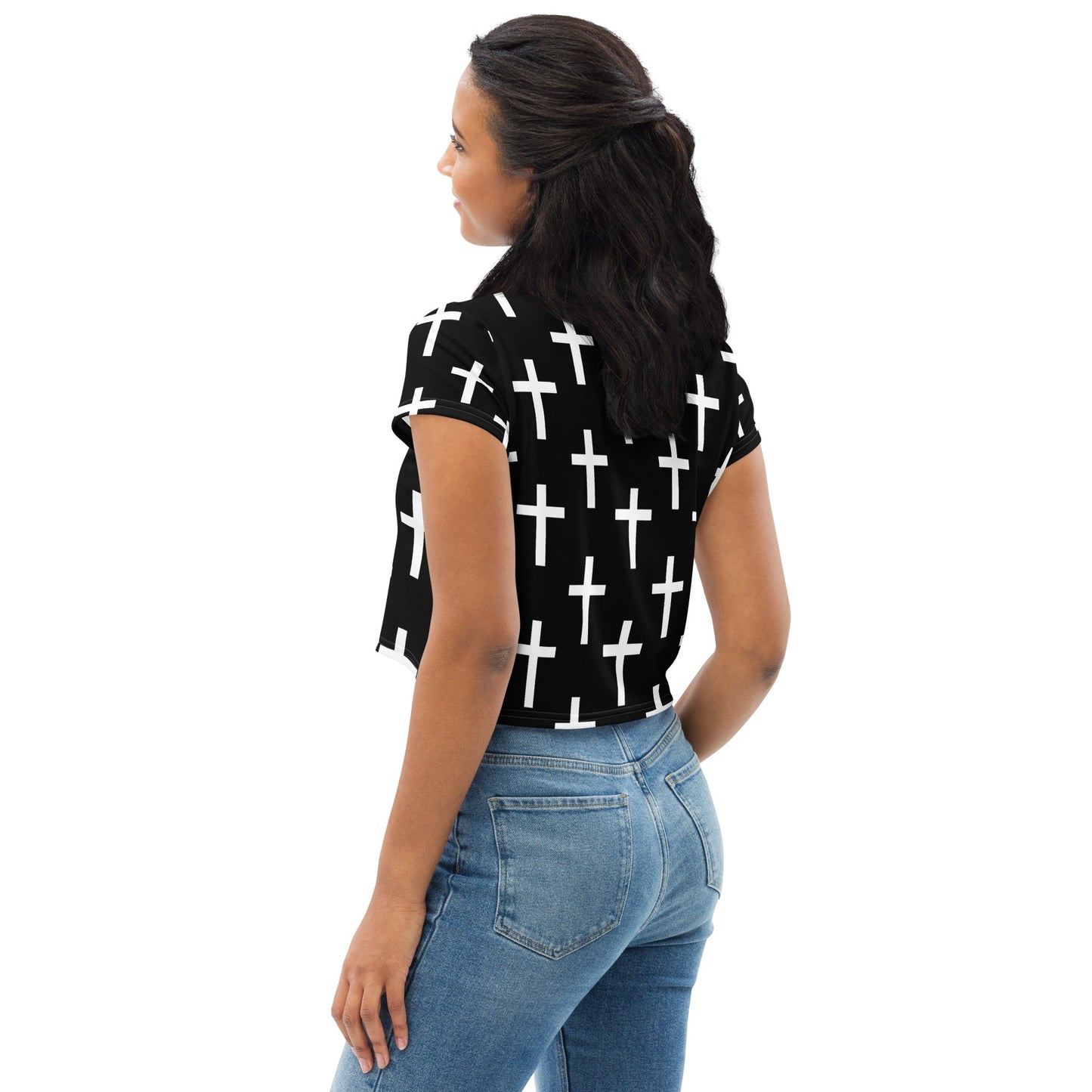 Womens Stretch Fit Crop Tee T-shirt, Black White Cross Print