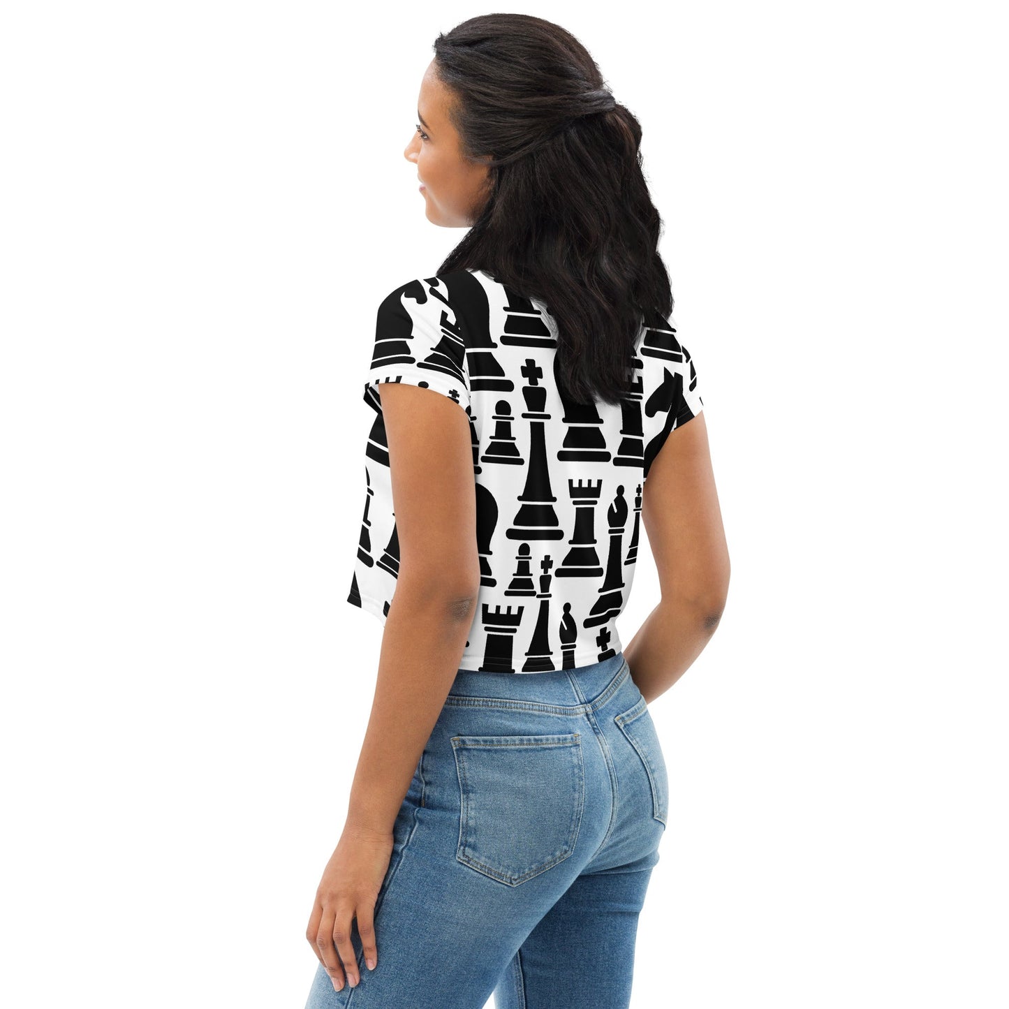 Womens Stretch Fit Crop Tee T-shirt, Black and White Chess Print