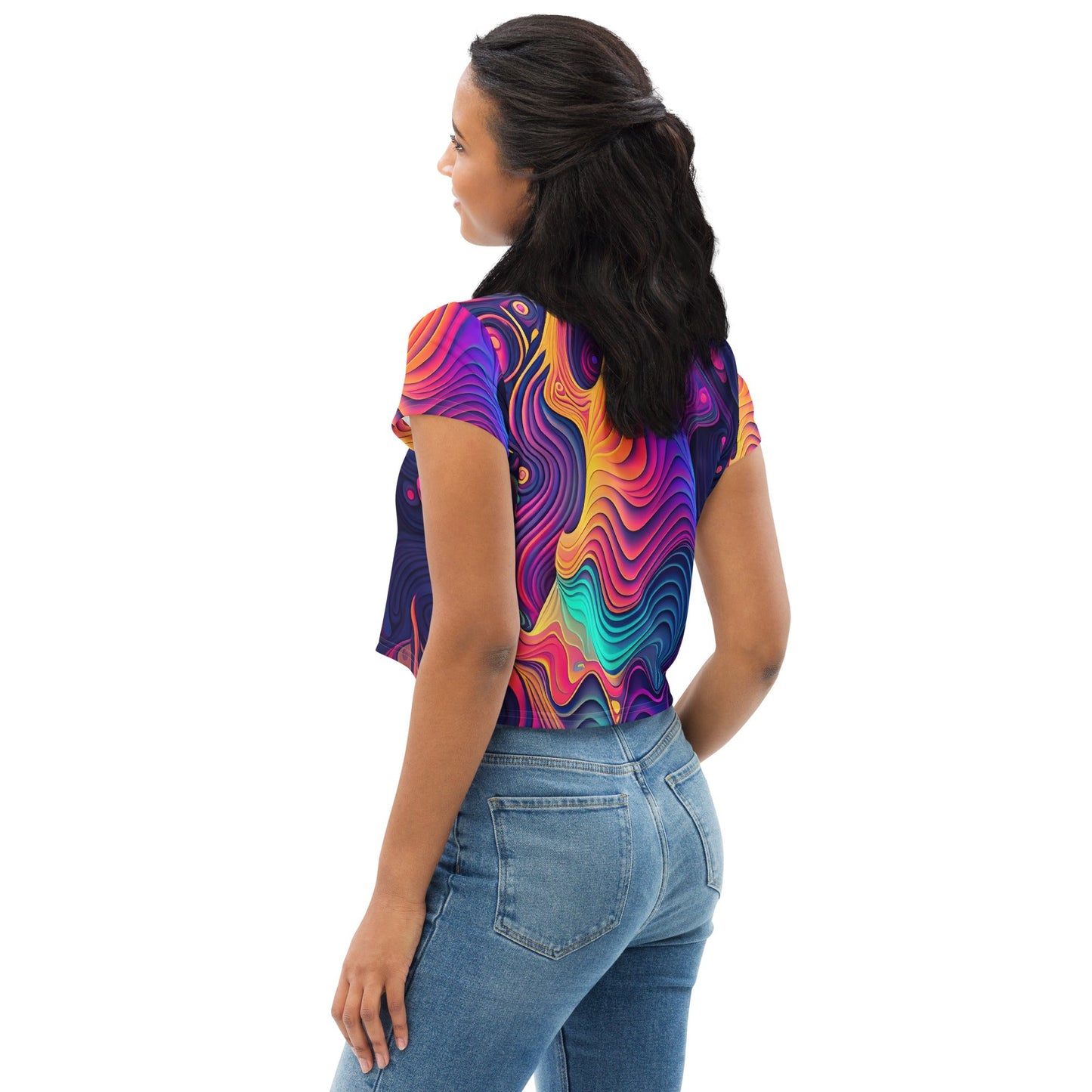 Womens Stretch Fit Crop Tee T-shirt, Vibrant Psychedelic Kaleidoscope