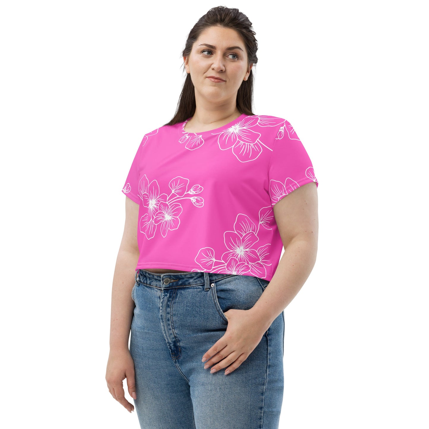 Womens Stretch Fit Crop Tee T-shirt Jersey, Pink Floral 7022623