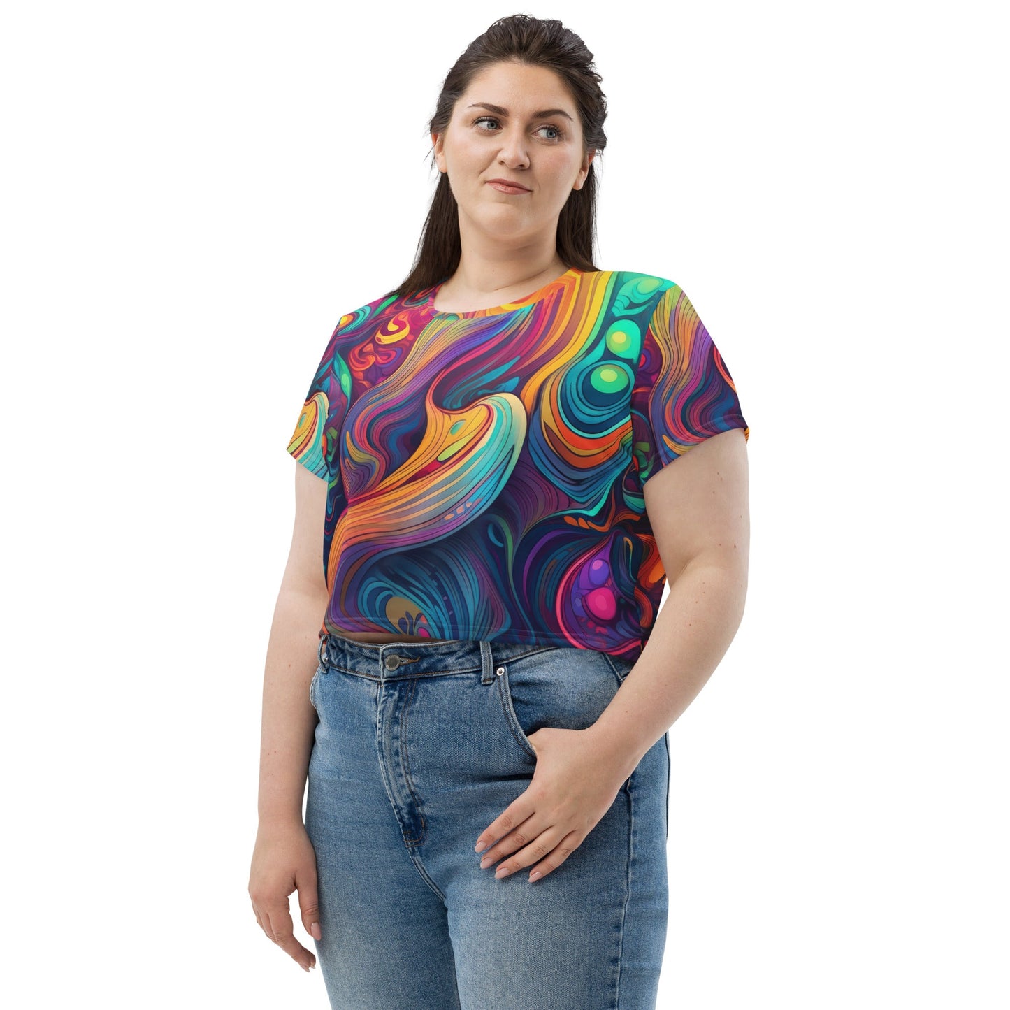 Womens Stretch Fit Crop Tee T-shirt Jersey, Vibrant Psychedelic