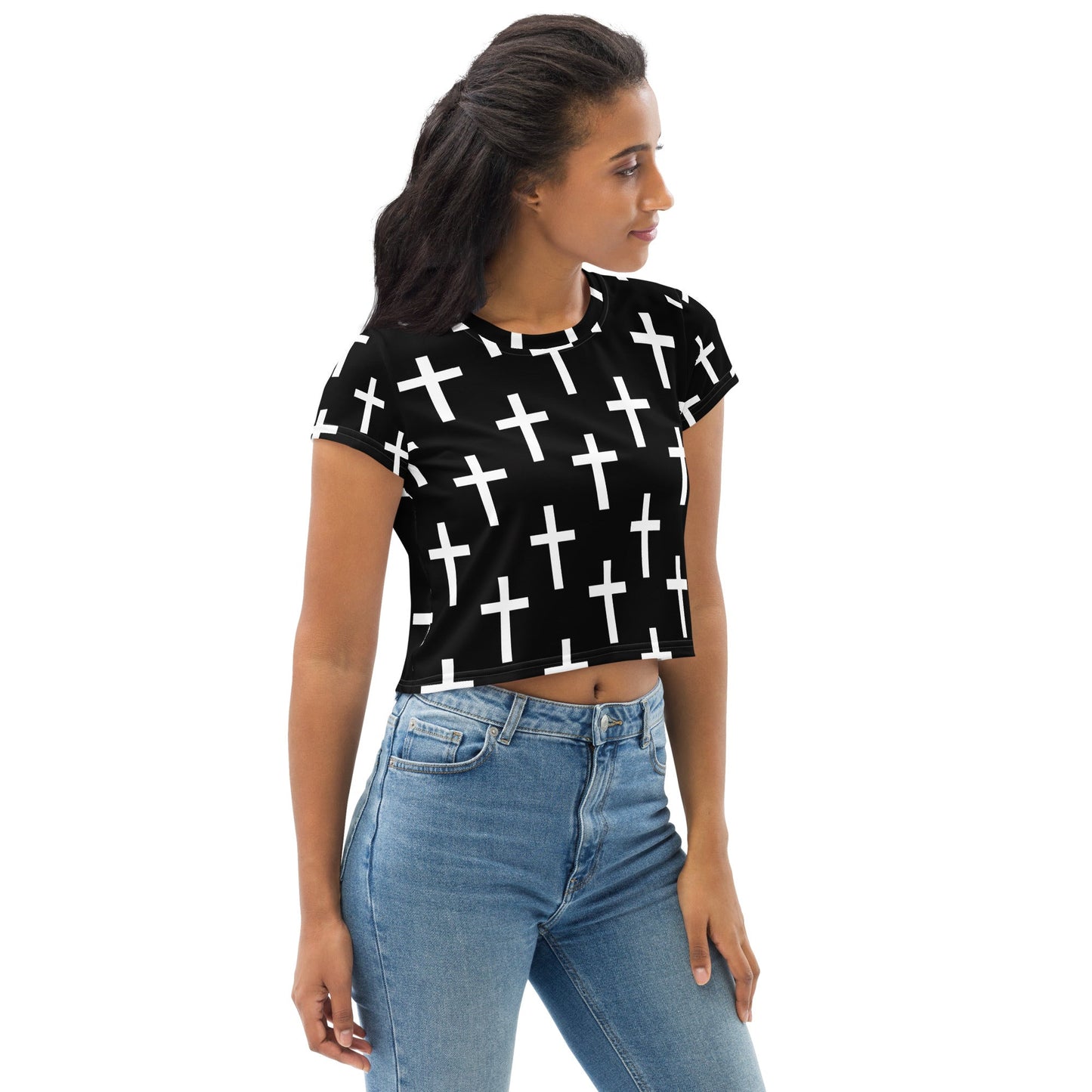 Womens Stretch Fit Crop Tee T-shirt, Black White Cross Print