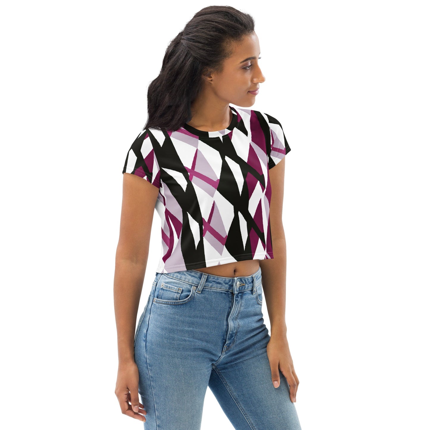 Womens Stretch Fit Crop Tee T-shirt, Pink Mauve Pattern