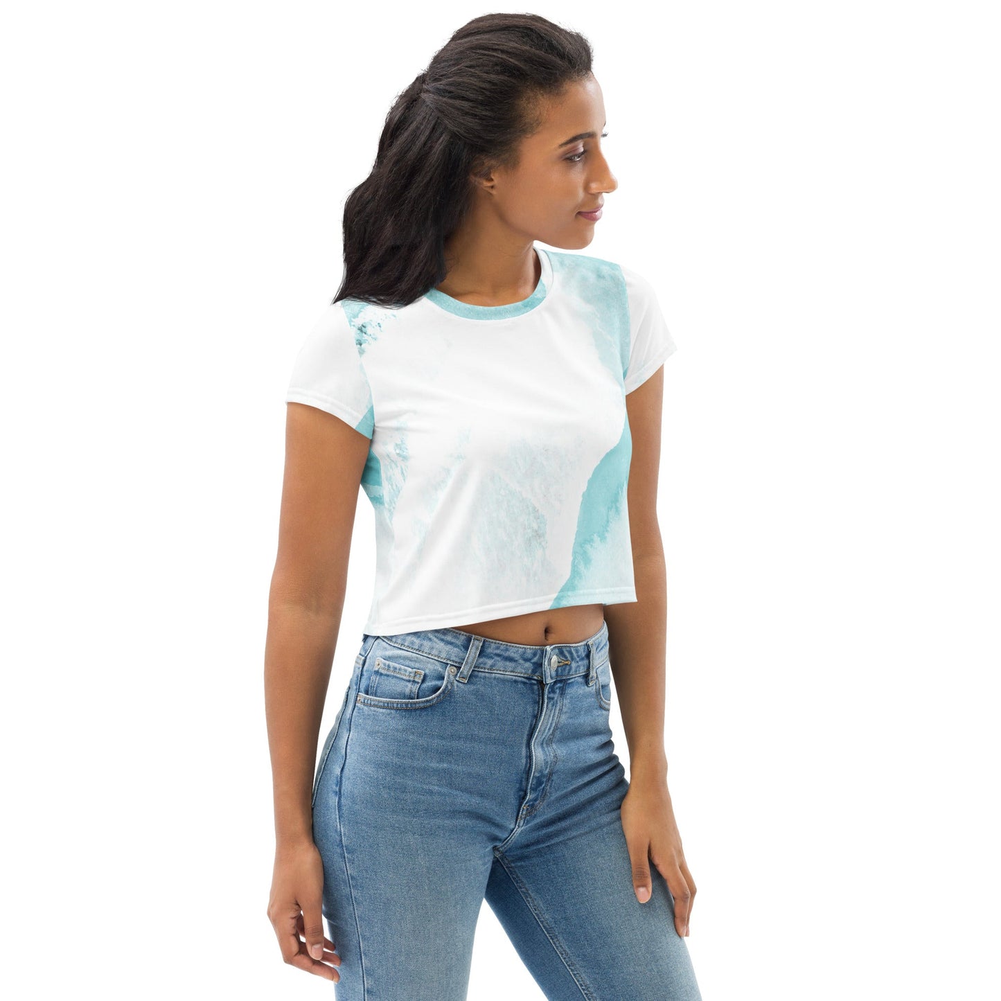 Womens Stretch Fit Crop Tee T-shirt, Subtle Abstract Ocean Blue and