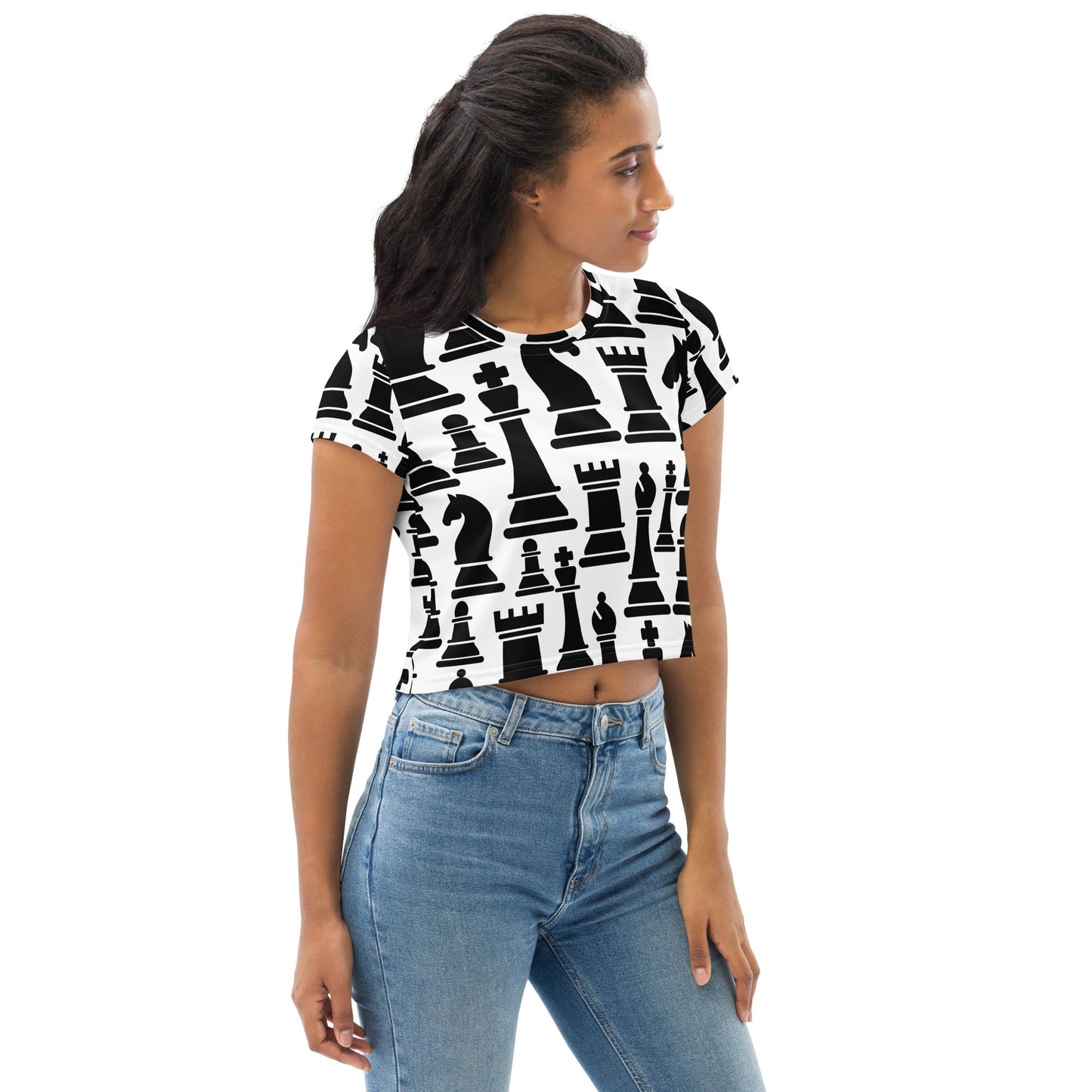 Womens Stretch Fit Crop Tee T-shirt, Black and White Chess Print