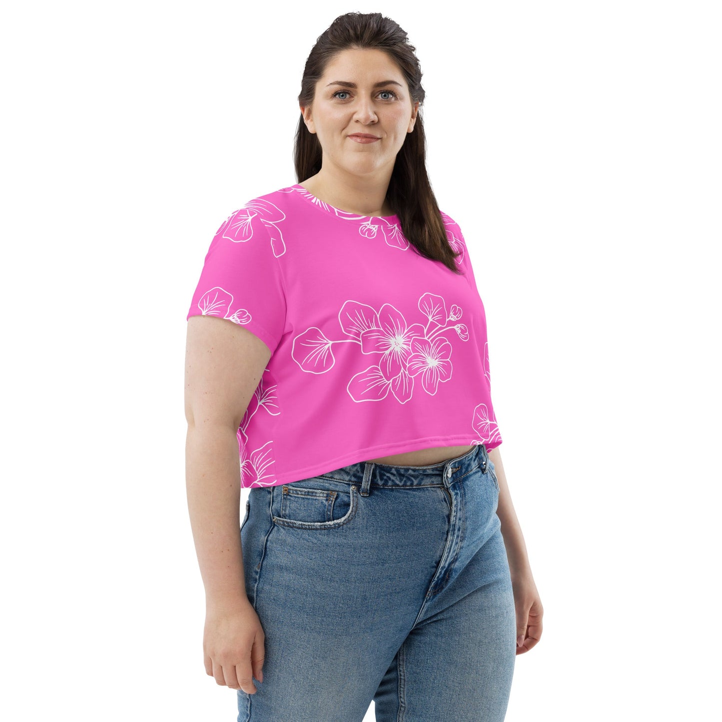 Womens Stretch Fit Crop Tee T-shirt Jersey, Pink Floral 7022623