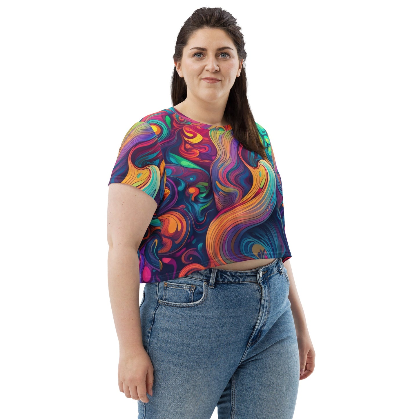 Womens Stretch Fit Crop Tee T-shirt Jersey, Vibrant Psychedelic