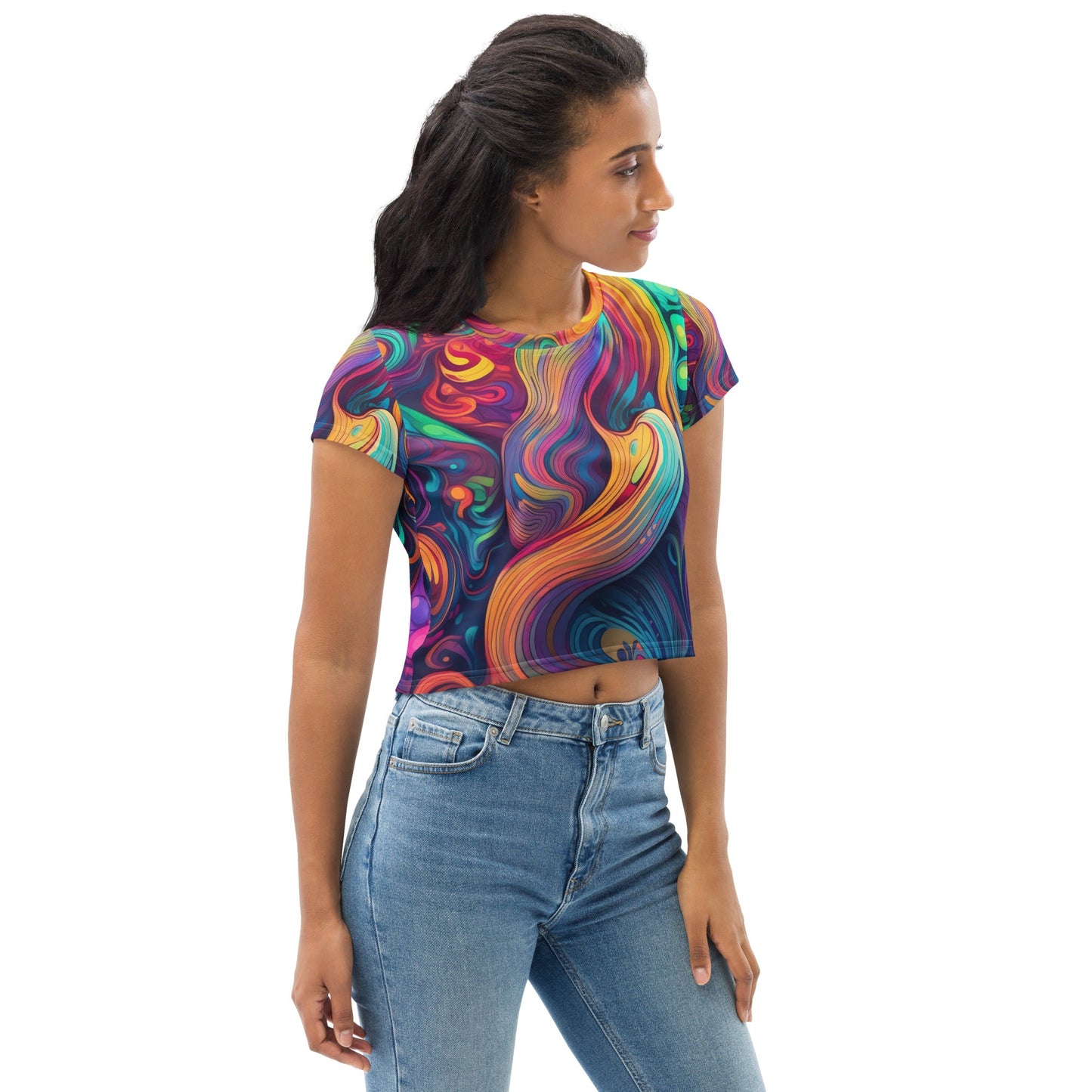 Womens Stretch Fit Crop Tee T-shirt, Vibrant Psychedelic Kaleidoscope