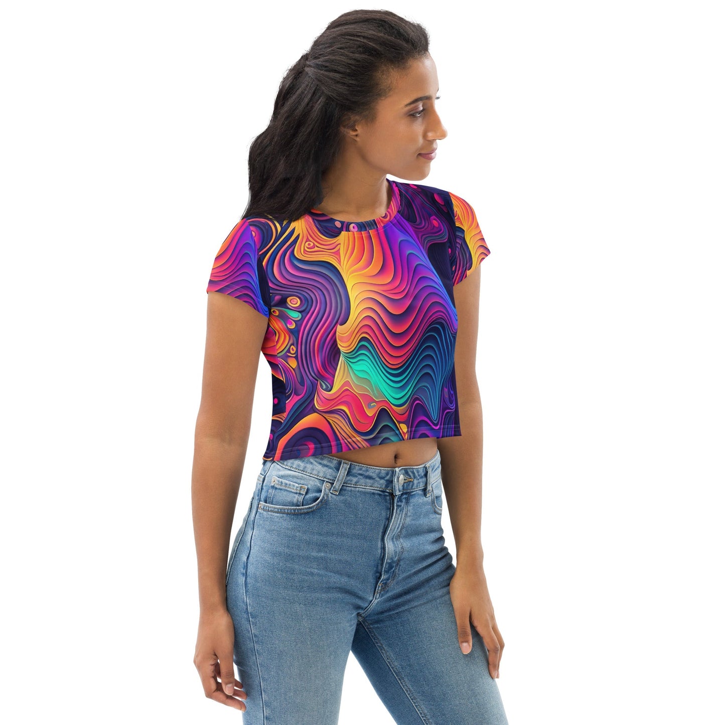 Womens Stretch Fit Crop Tee T-shirt, Vibrant Psychedelic Kaleidoscope