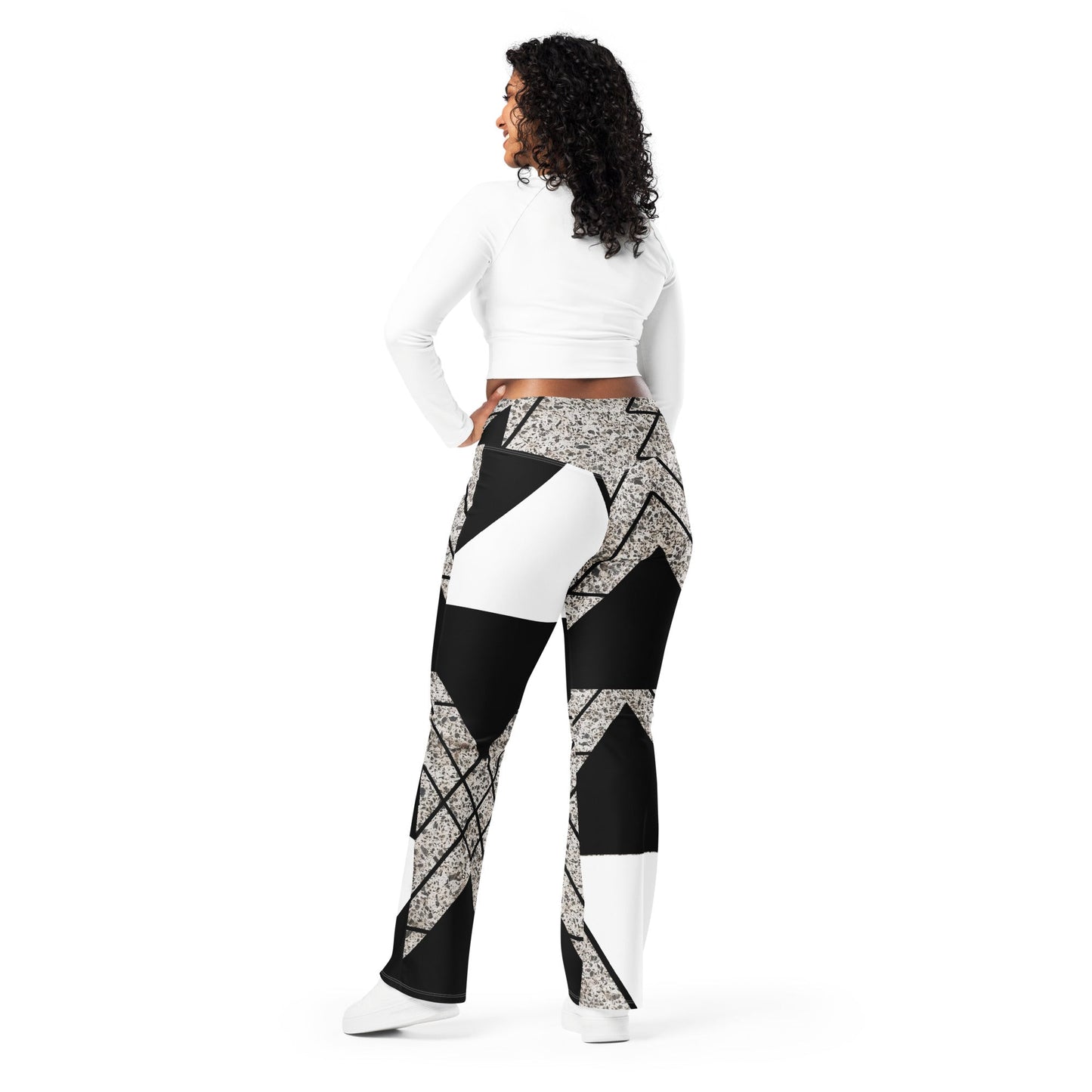 Womens Flare Leggings, Black and White Triangular Colorblock