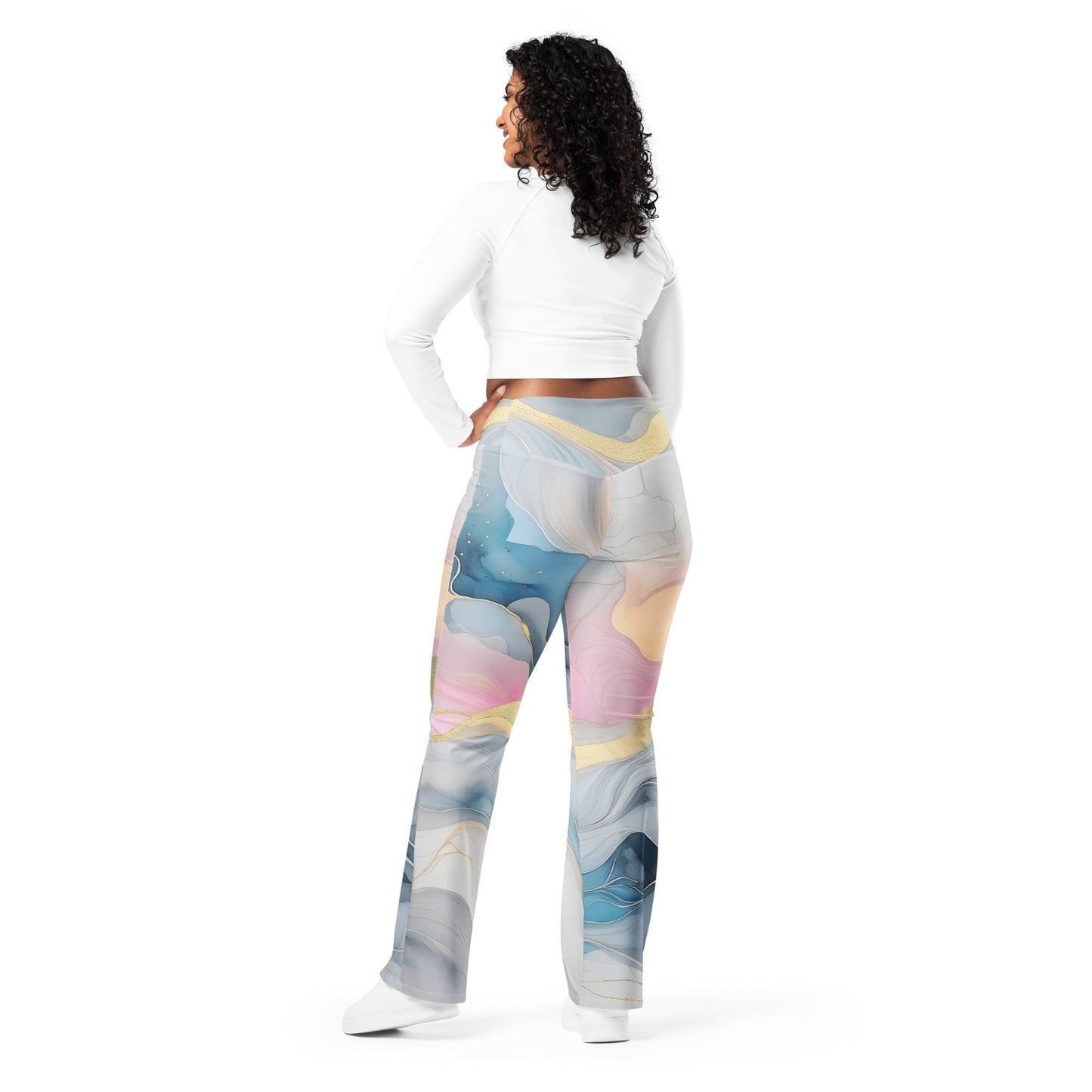 Womens Flare Leggings, Marble Cloud of Grey Pink Blue 72067