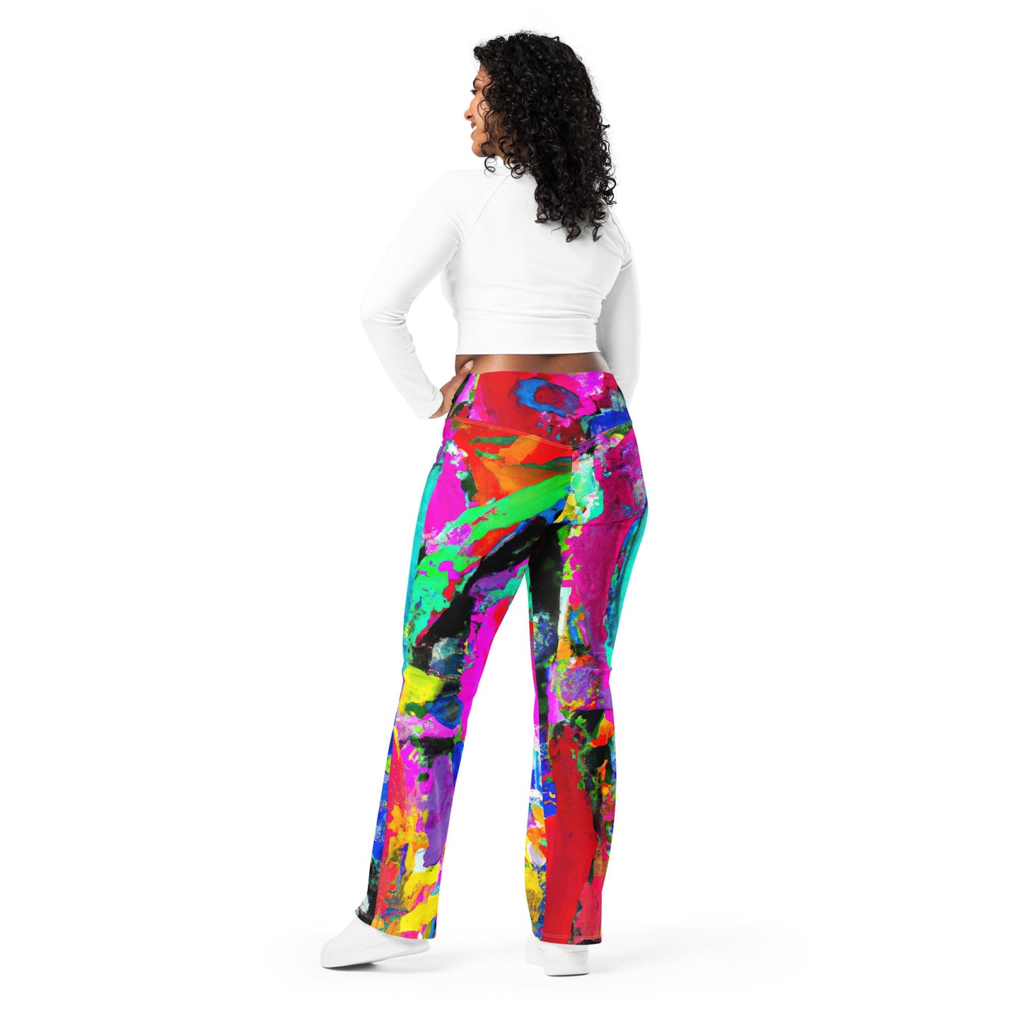 Womens Flare Leggings, Red Multicolor Abstract Print