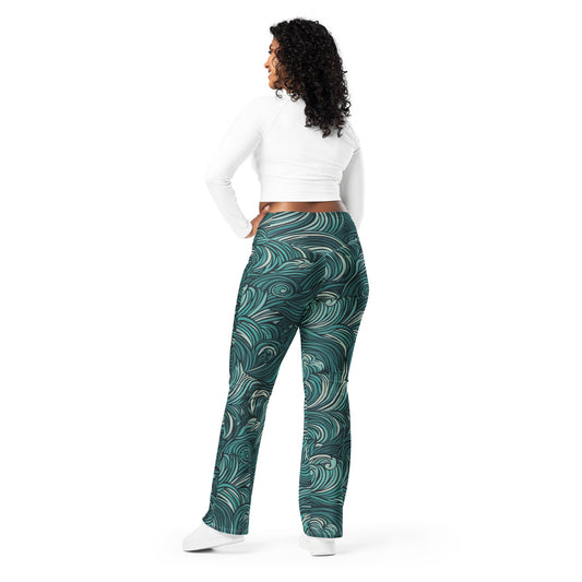 Womens Flare Leggings, Mint Green Water Wave Print