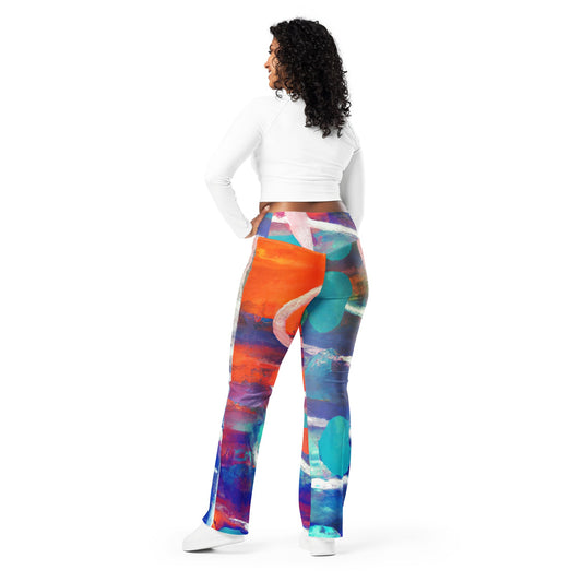 Womens Flare Leggings, Red Blue Multicolor Abstract Print